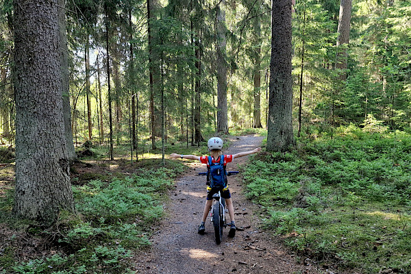 Lapsi pyöräilemässä metsässä