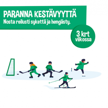 Paranna kestävyyttä -teksi ja kuvia pelaavista ja urheilevista hahmoista