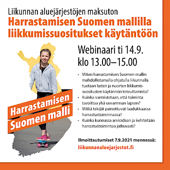 Harrastamisen Suomen mallillla liikkumissuosistukset käyttöön -webinaarin markkinointikuva, jossa tyttö skeittaa ja kirjoitettu esille webinaarissa nostettavia kysymyksiä