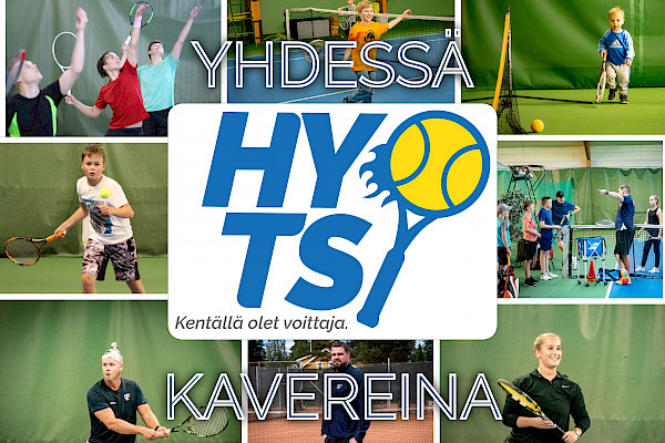 Yhdessä kavereinä -teksti ja HyTs-logo. Taustalla yhdeksän kuvaa, jossa eri-ikäiset pelaavat tennistä