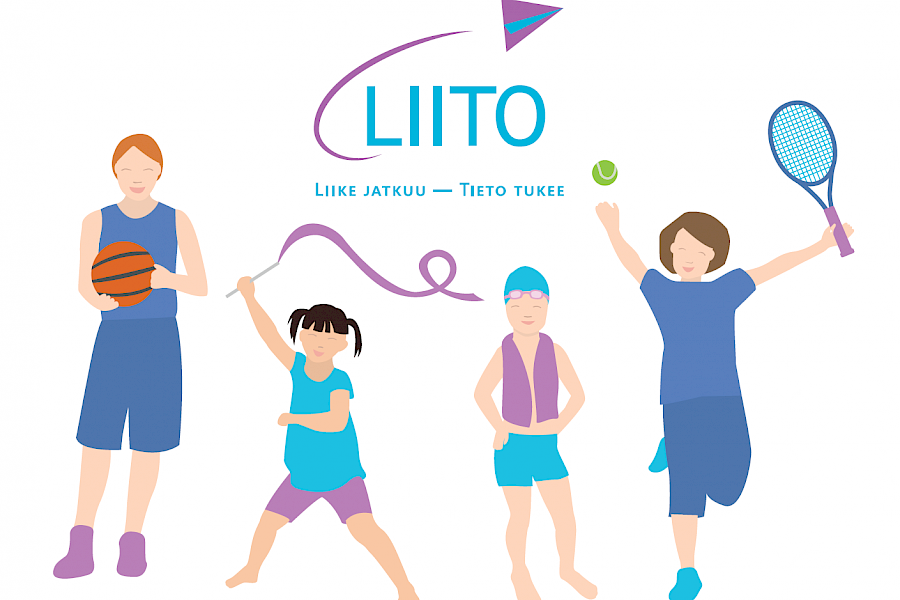 Neljä kuvitettua hahmoa eri liikuntavälineiden kanssa ja Liito-hankkeen logo