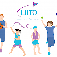 Neljä kuvitettua hahmoa eri liikuntavälineiden kanssa ja Liito-hankkeen logo